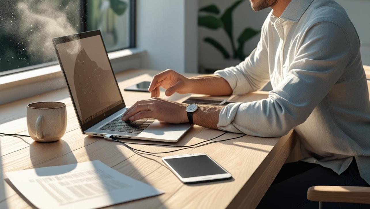 Remote worker uses Windows laptop and smartphone in bright modern home office.