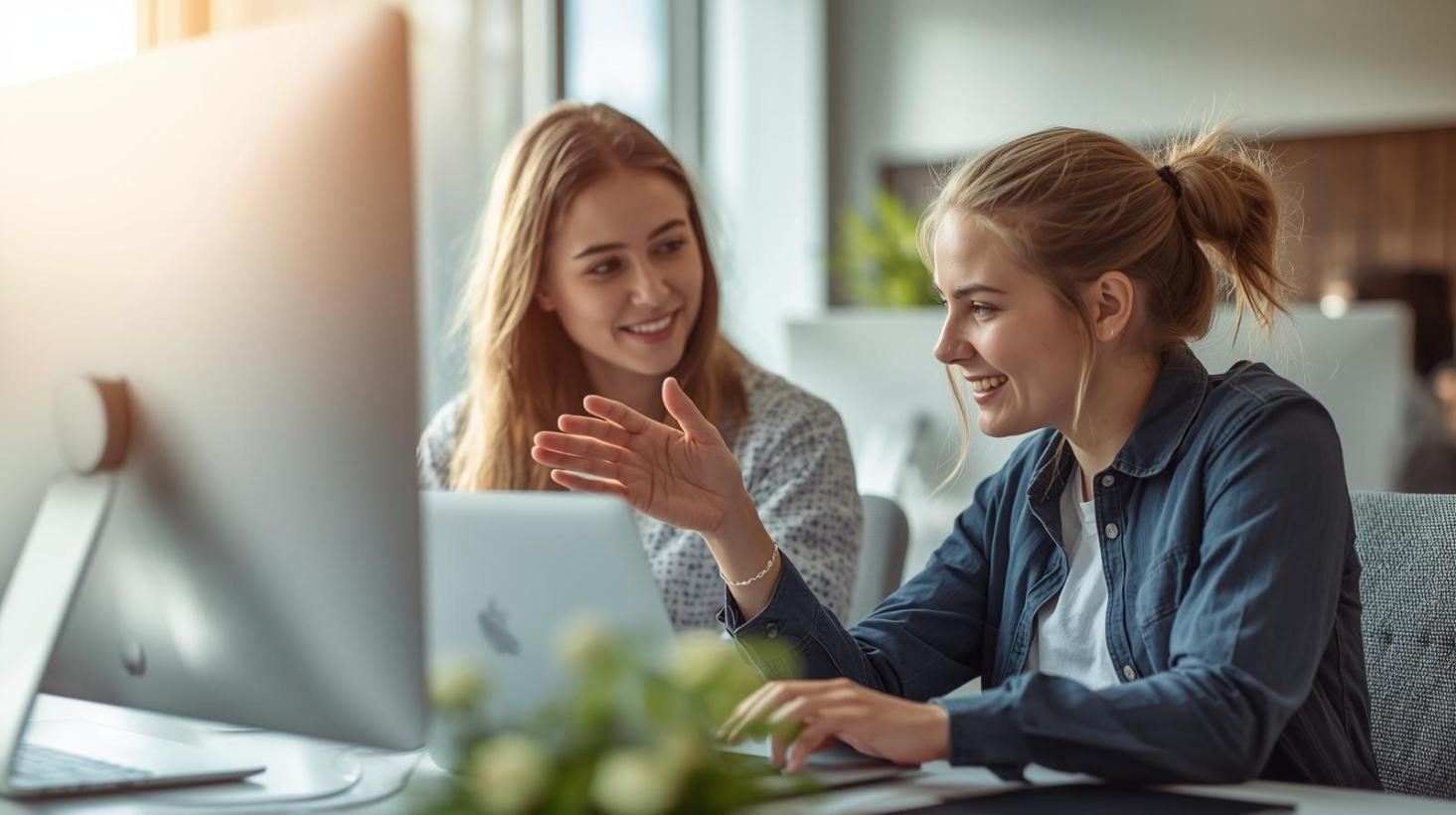 Two developers collaborate in bright office with laptops, blurred screens, shallow depth.