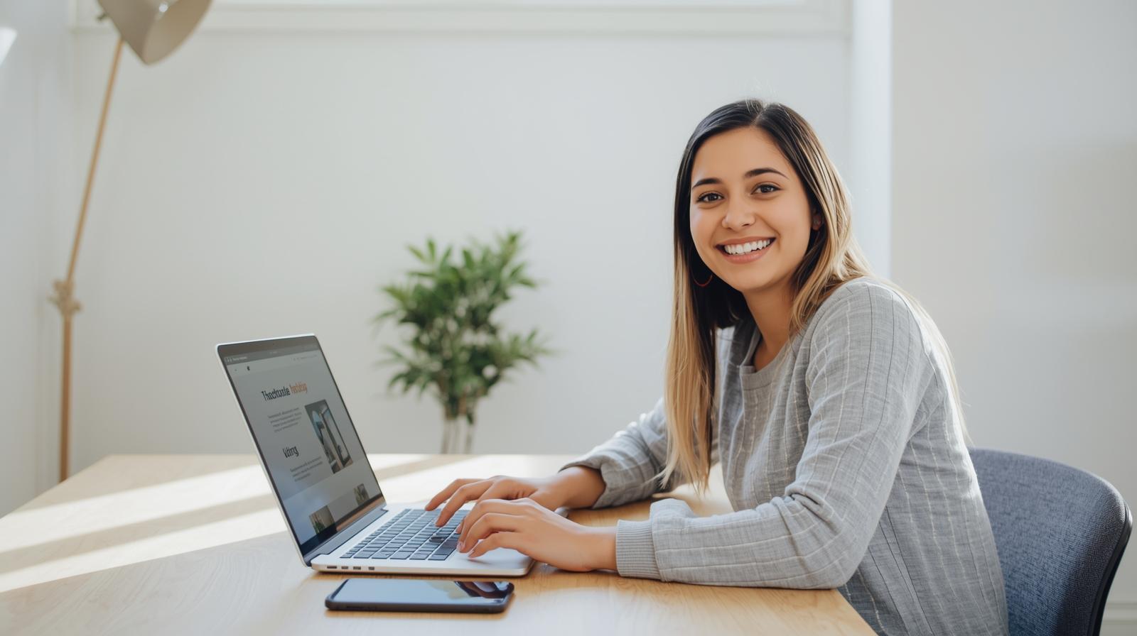Smiling professional reviewing blurred website on laptop at bright desk with greenery.
