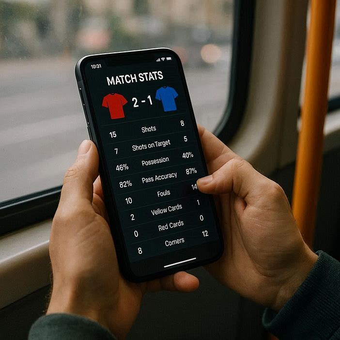 player reviewing match statistics on a mobile app while commuting