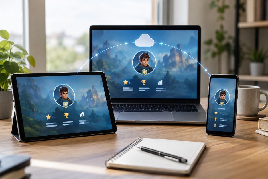 smartphone, tablet, and laptop showing matching abstract game profiles